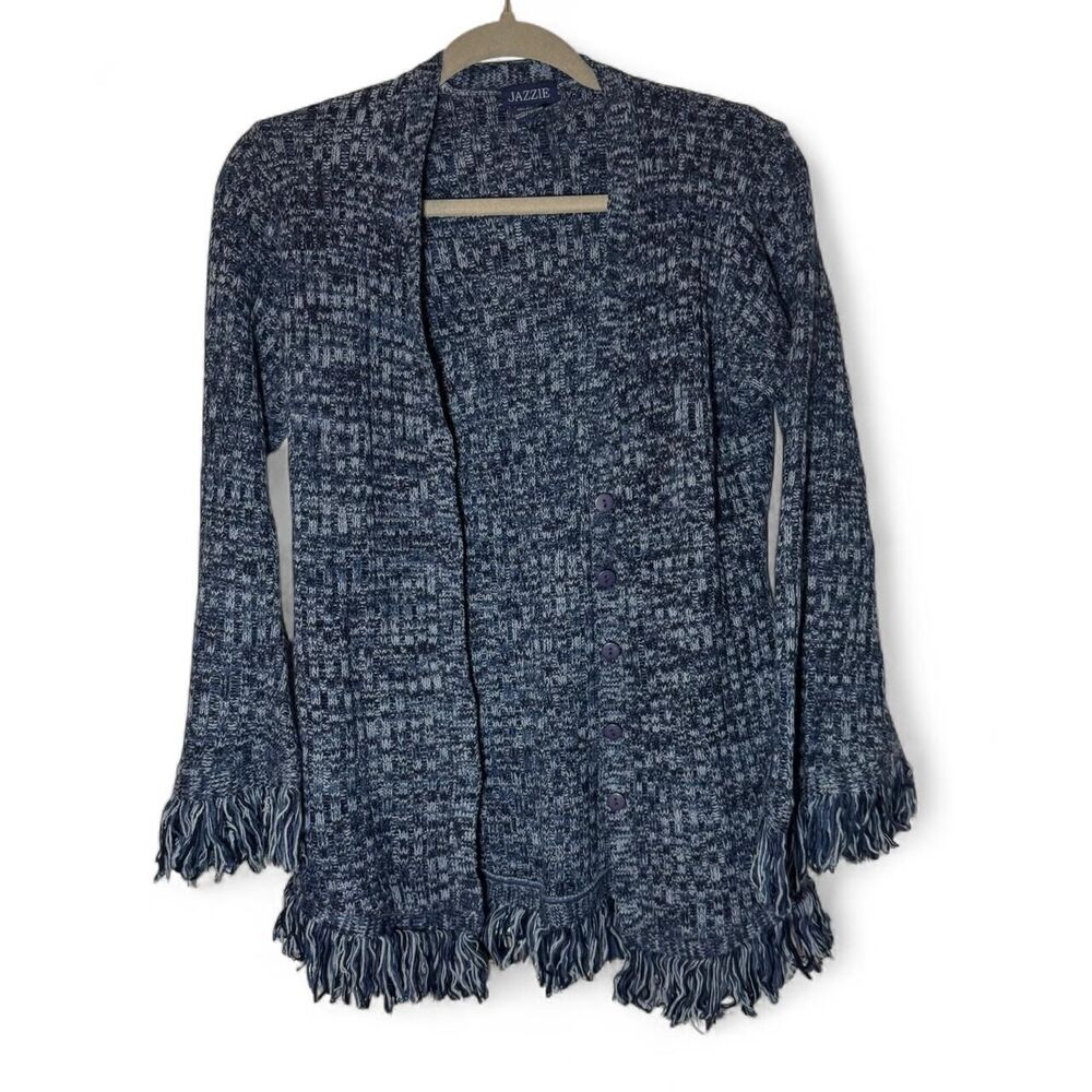 Jazzie Womens Blue Fringe Cardigan Medium Boho Coastal Cowgirl Festival Knit